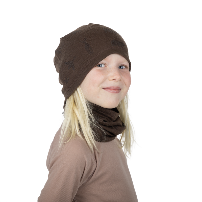 Bruse Húfa Merino ull - Brún m/dýramunstri